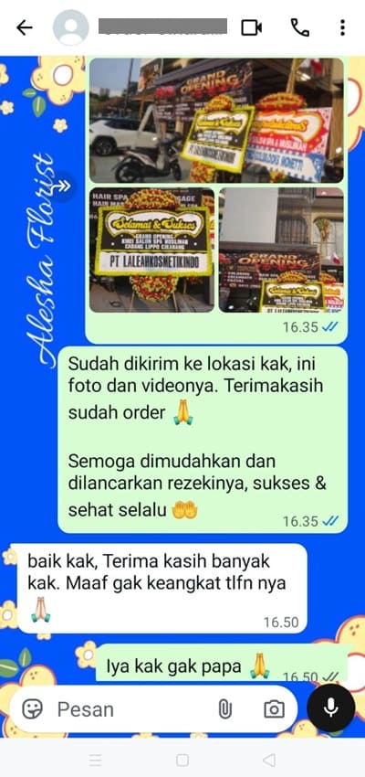 Testimoni pengiriman karangan bunga pernikahan Bogor