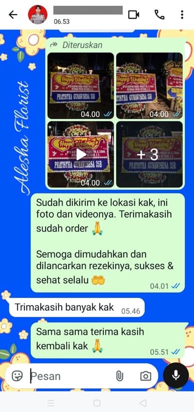 Testimoni pengiriman papan bunga wedding Bogor